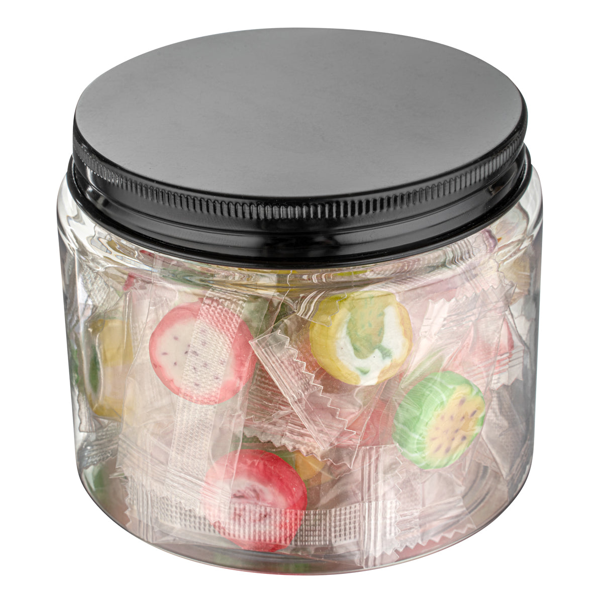 16 oz Round Clear Plastic Jar with Black Aluminum Lid