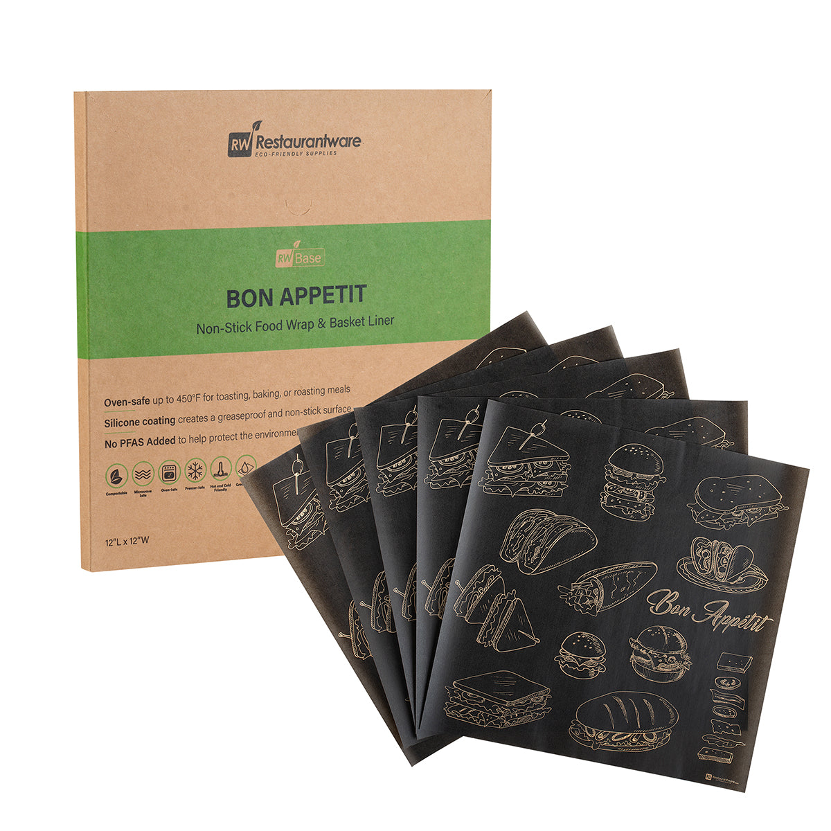 Black Bakery Wrap & Basket Liner, Bon Appetit - 12in x 12in