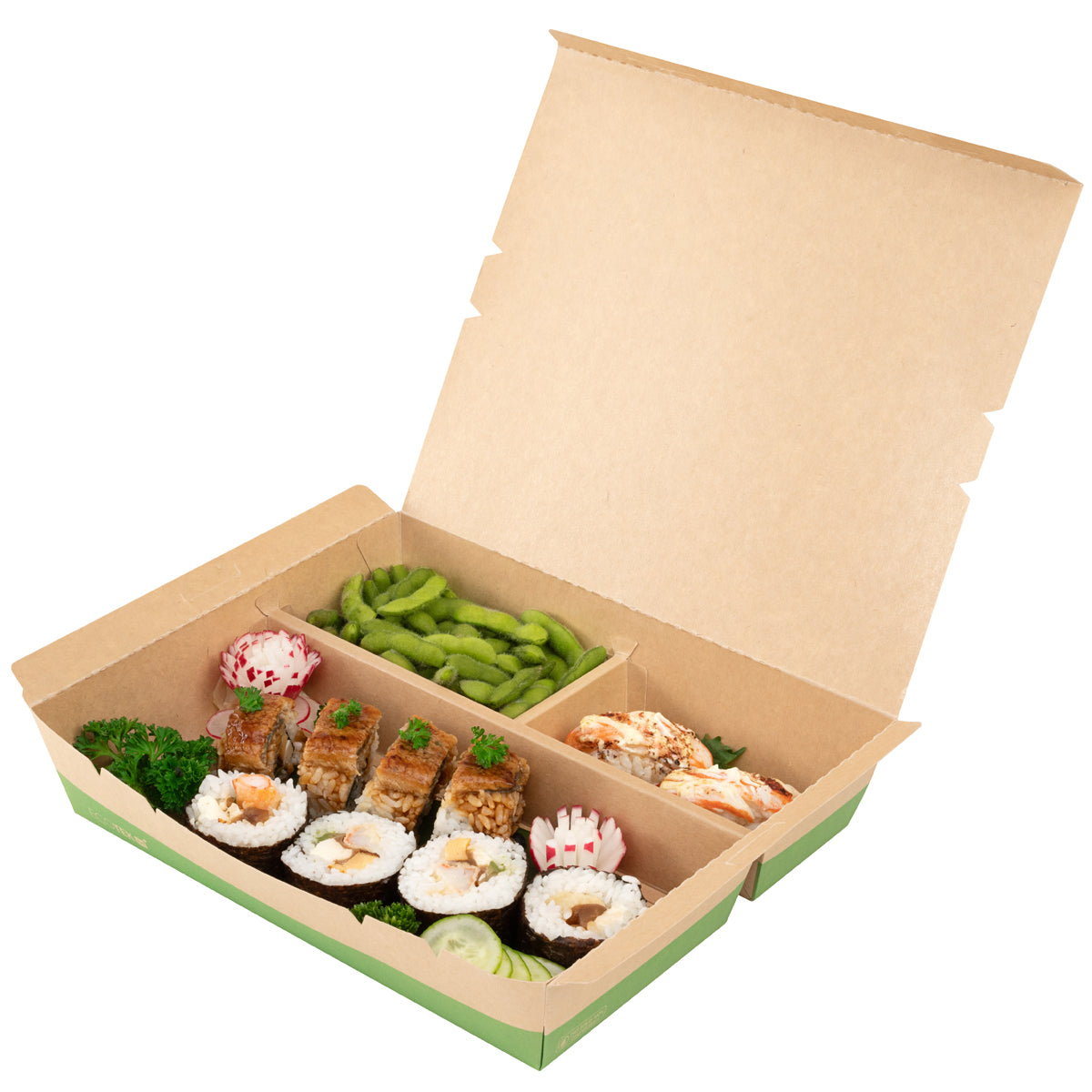 78 oz Rectangle Kraft & Green Paper Bento Box, 3-Compartment