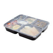 53 oz Black Plastic 6 Compartment Food Container, Clear Lid